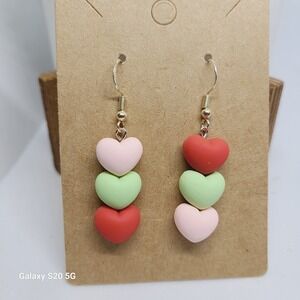 Handmade Stacked Heart Dangle Earrings Pink Green Red Fun Whimsical Colorful NEW